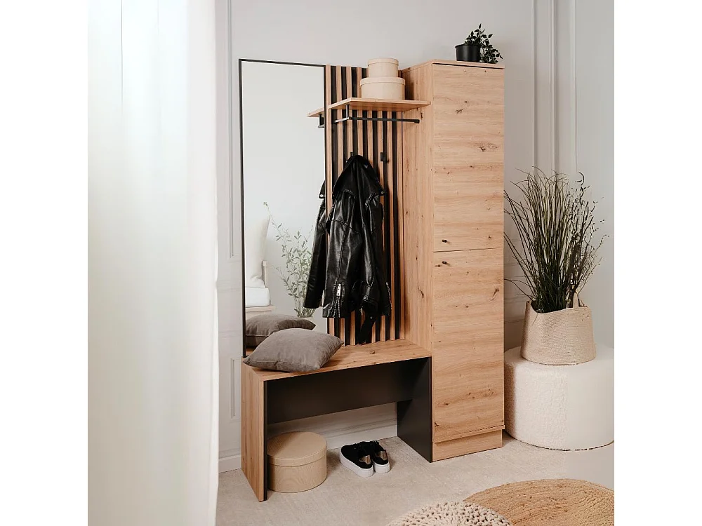 Mobile ingresso con frontale cannettato e specchio Medan42B colore quercia antracite 122x37x190H