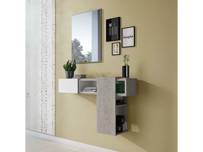 Mobile ingresso sospeso Mog cemento e bianco con specchio