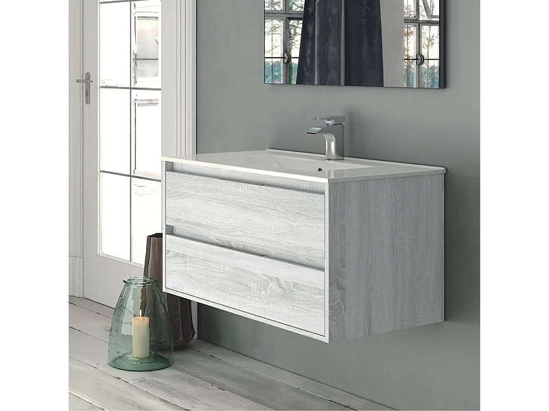 Mobile bagno sospeso Bolton colore rovere grigio ghiaccio 80x45x48H 2 cassetti: design moderno e funzionalità