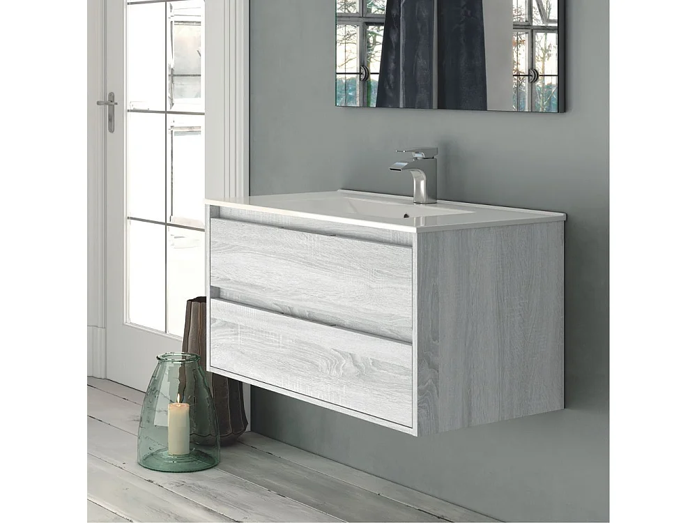 Mobile bagno sospeso Bolton colore rovere grigio ghiaccio 80x45x48H 2 cassetti: design moderno e funzionalità