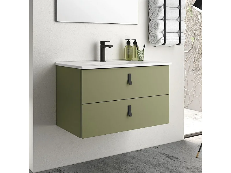 Mobile bagno sospeso colore verde oliva 2 cassetti Invicta 80x45x48H