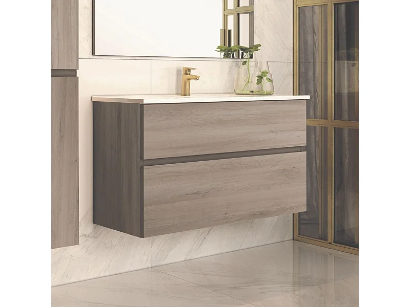 Mobile bagno sospeso rovere grigio Londres 2 cassetti 100x45x59H