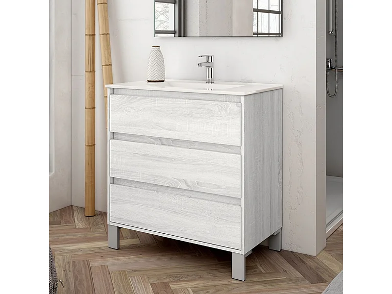 Mobile bagno Bolton colore rovere grigio ghiaccio 80x45x84H con 3 cassetti: design moderno e funzionalità senza compromessi