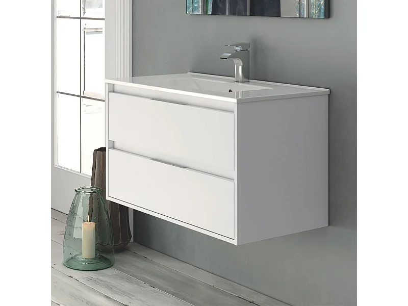 Mobile bagno sospeso Bolton colore bianco laccato lucido 60x45x48H 2 cassetti: design moderno e funzionalità