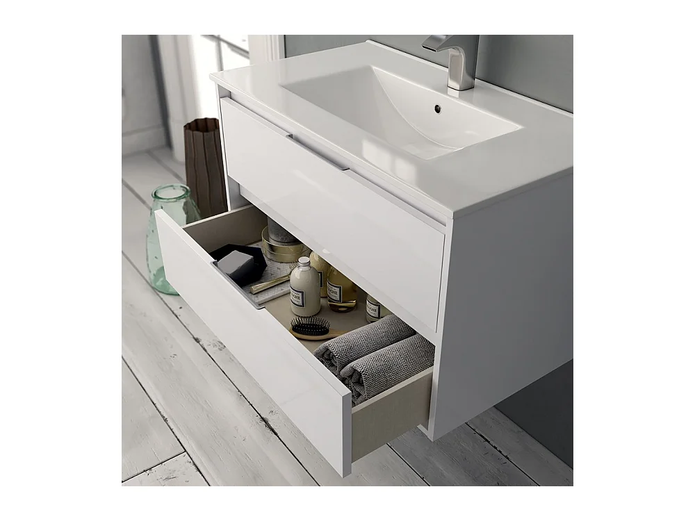 Mobile bagno sospeso Bolton colore bianco laccato lucido 60x45x48H 2 cassetti: design moderno e funzionalità