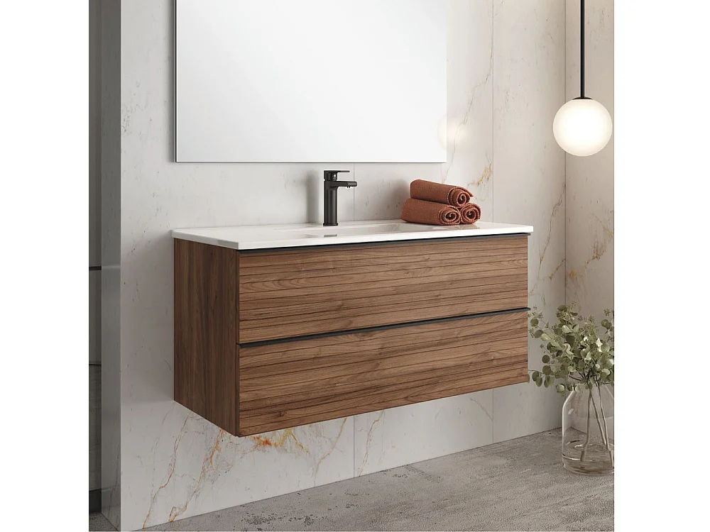 Mobile bagno sospeso noce effetto cannettato Senda con 2 cassettoni 100x45.5x48H