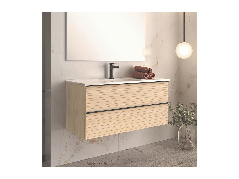 Mobile bagno sospeso rovere chiaro effetto cannettato Senda con 2 cassettoni 100x45.5x48H