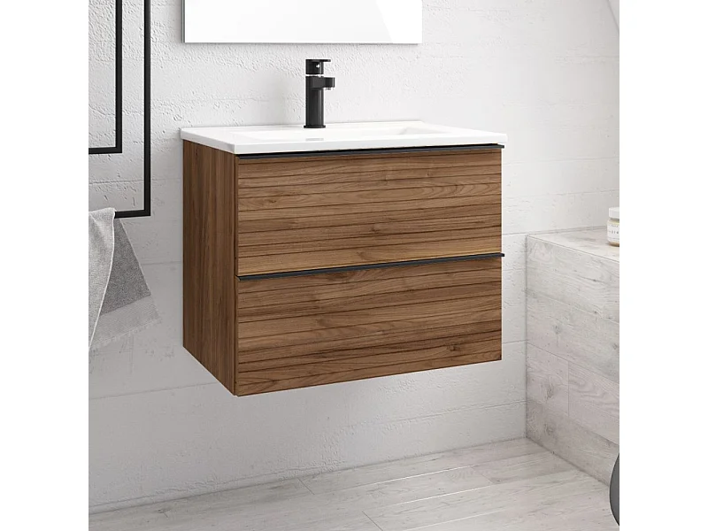 Mobile bagno sospeso noce effetto cannettato Senda con 2 cassettoni 80x45.5x48H