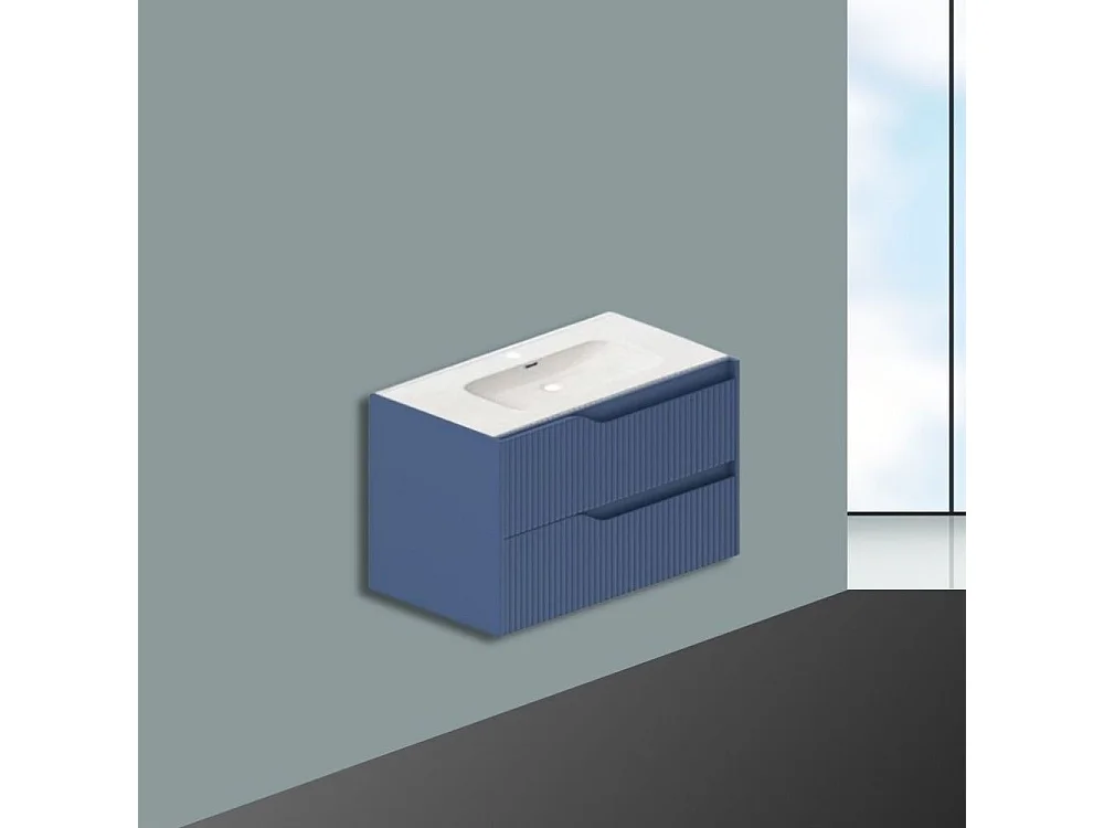 Mobile bagno sospeso Soho colore azzurro opaco con cassetti effetto cannettato 80x45x50H