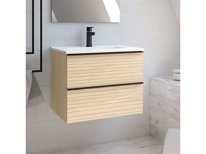 Mobile bagno sospeso rovere chiaro effetto cannettato Senda con 2 cassettoni 80x45.5x48H