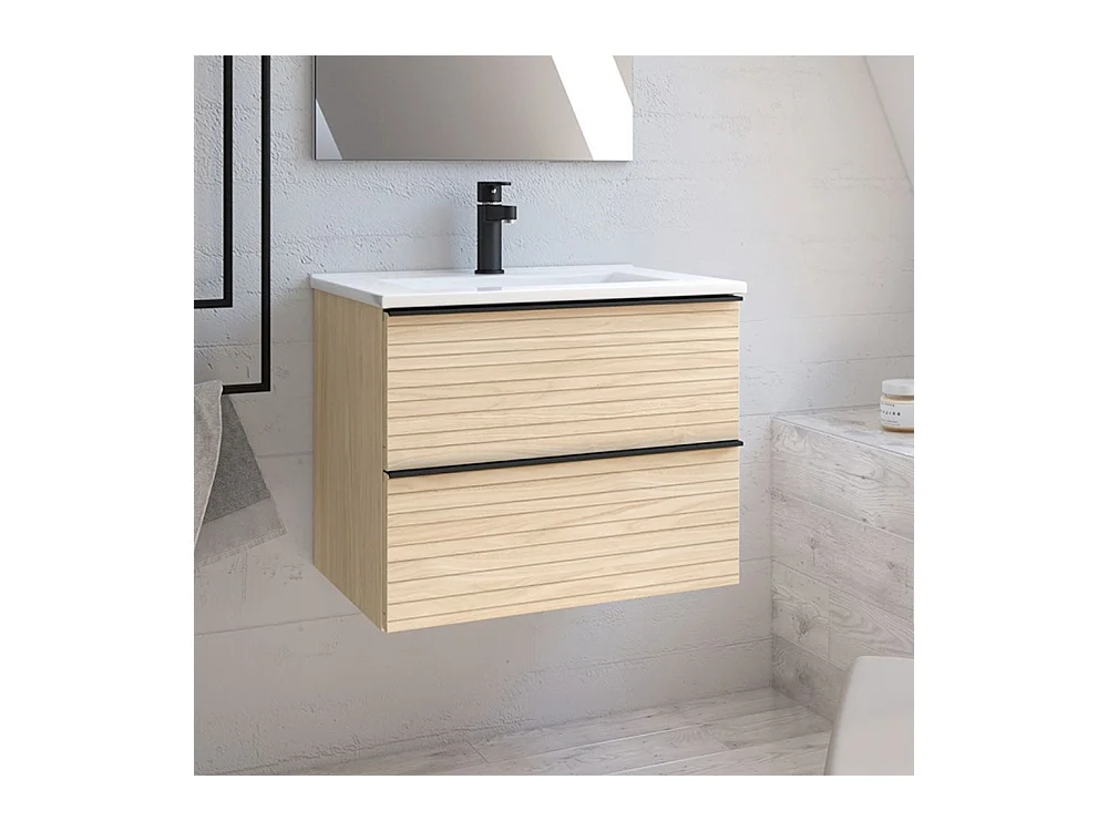 Mobile bagno sospeso rovere chiaro effetto cannettato Senda con 2 cassettoni 80x45.5x48H
