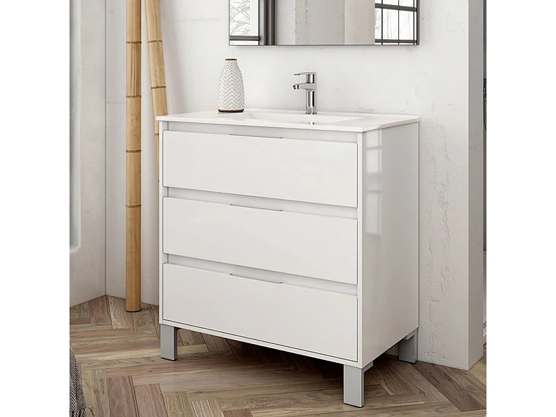 Mobile bagno Bolton colore bianco laccato lucido 80x45x84H con 3 cassetti: design moderno e funzionalità senza compromessi