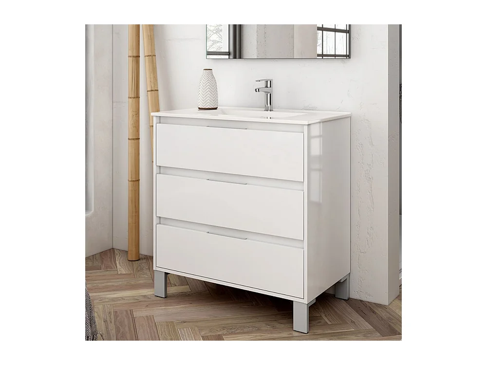 Mobile bagno Bolton colore bianco laccato lucido 80x45x84H con 3 cassetti: design moderno e funzionalità senza compromessi
