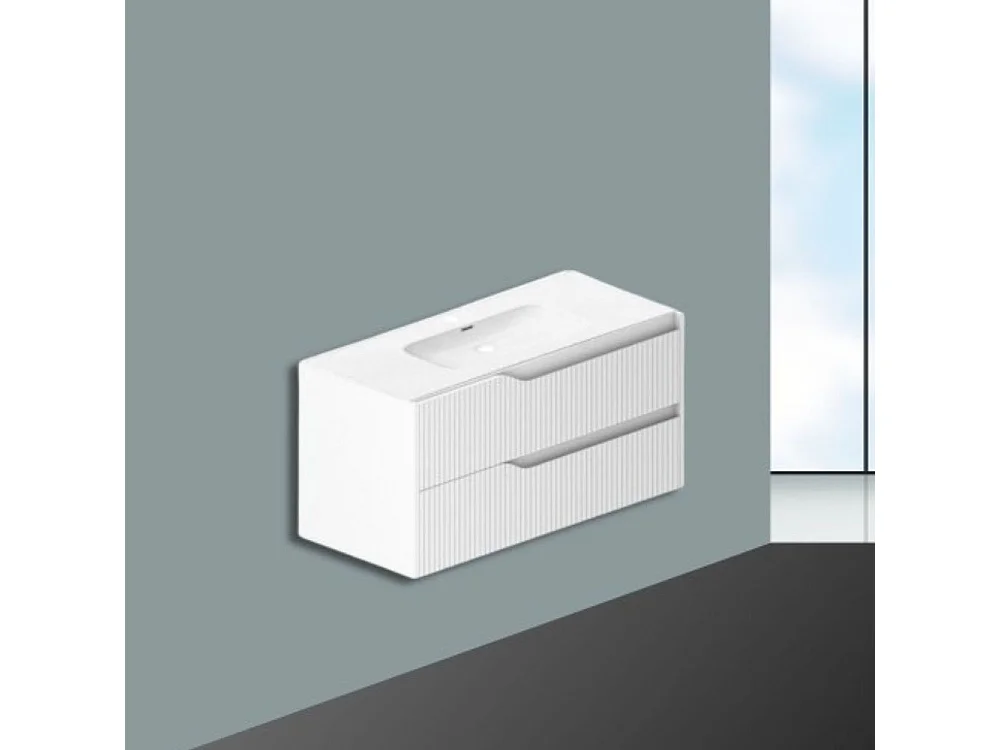 Mobile bagno sospeso Soho colore bianco opaco con cassetti effetto cannettato 100x45x50H