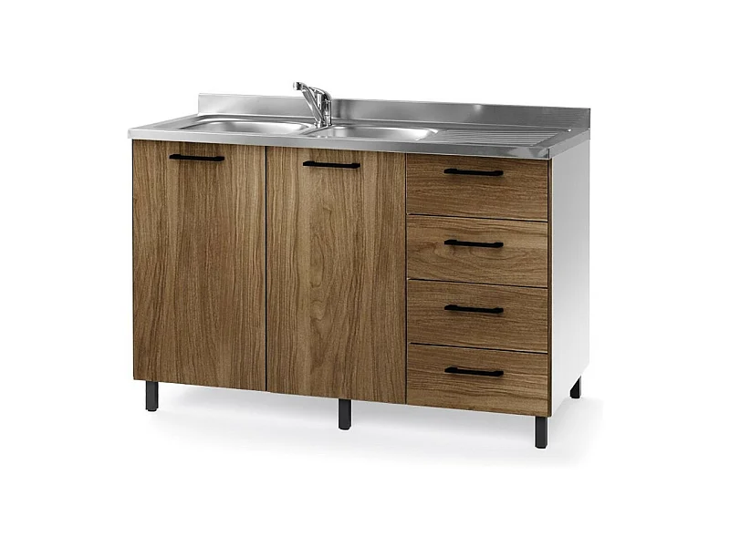 Sottolavello con cassetti e lavello 120 cm noce naturale destro