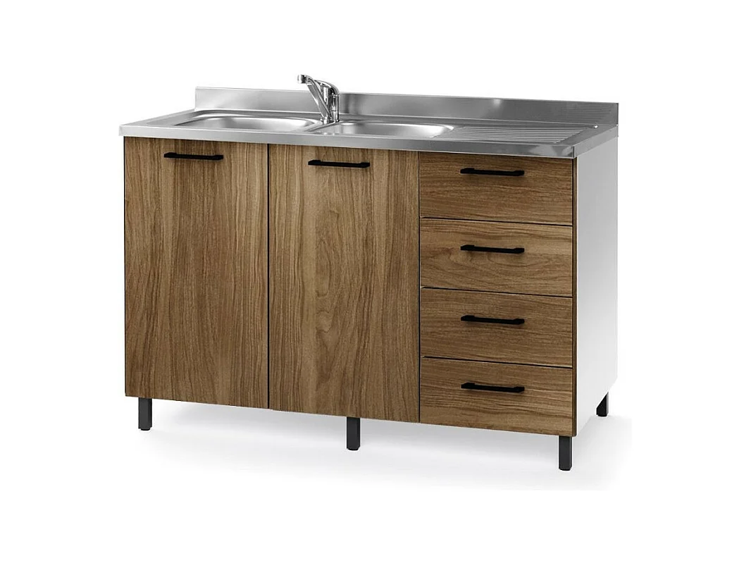 Sottolavello con cassetti e lavello 120 cm noce naturale destro
