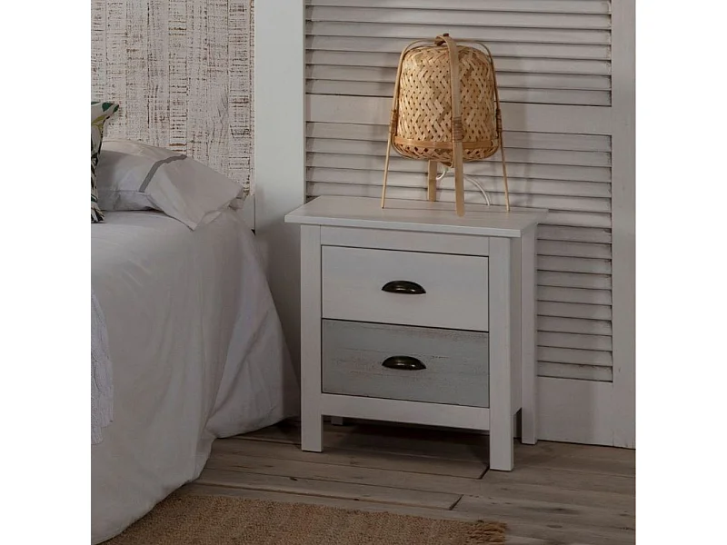 Comodino in legno massiccio bianco e grigio Romantica 46x35x49,5H – Eleganza Naturale con 2 cassetti
