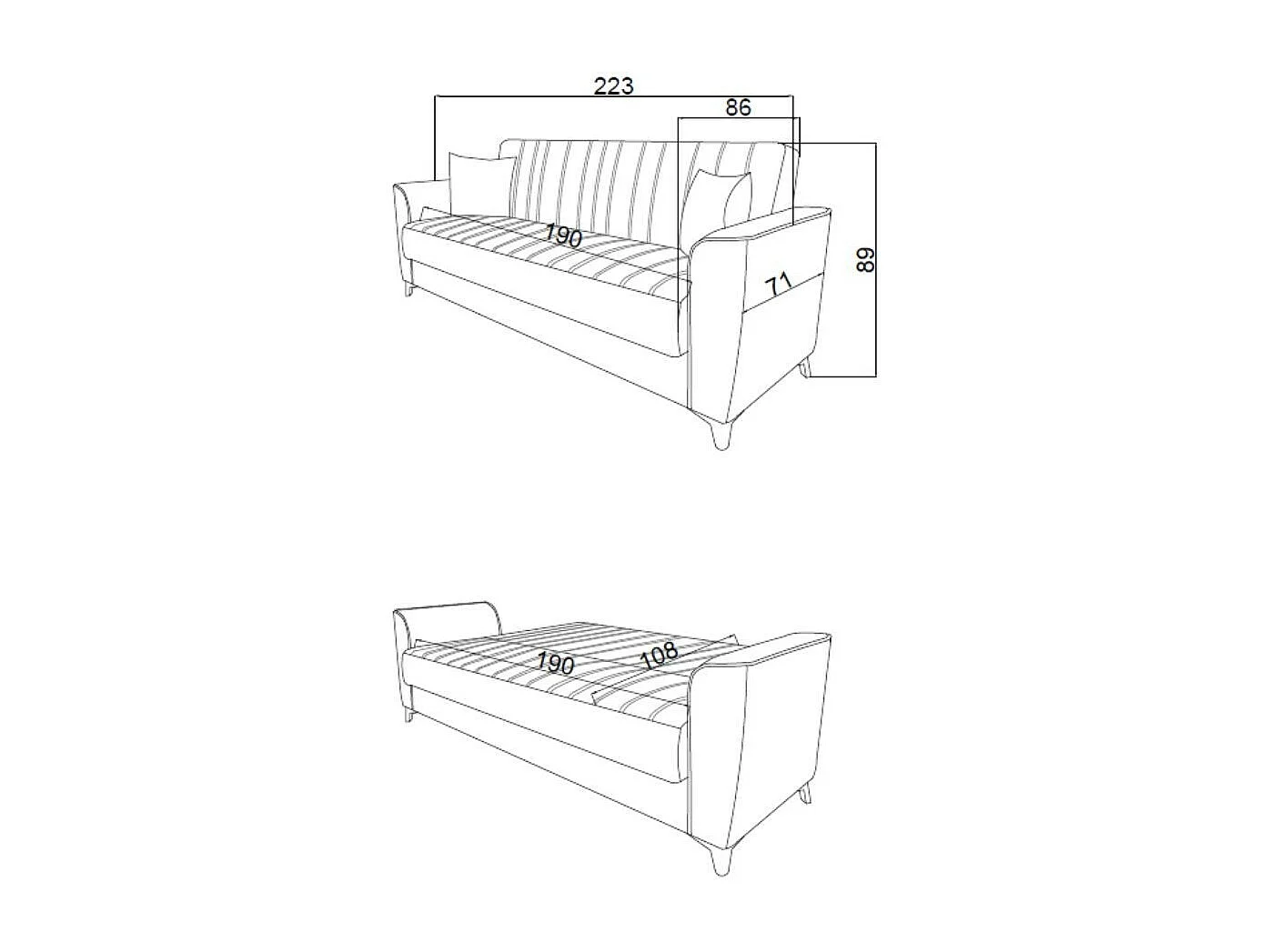 Divano letto Duca 3 posti grigio con contenitore e funzione letto 223x86x89H