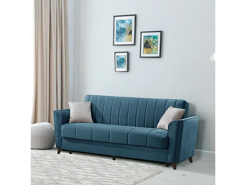 Divano letto Duca 3 posti blu con contenitore e funzione letto 223x86x89H