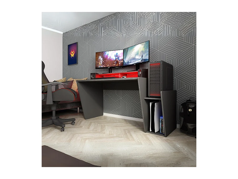 Scrivania reversibile game 5021 doppio ripiano e luci Led 150x66,9x85,5H colore antracite