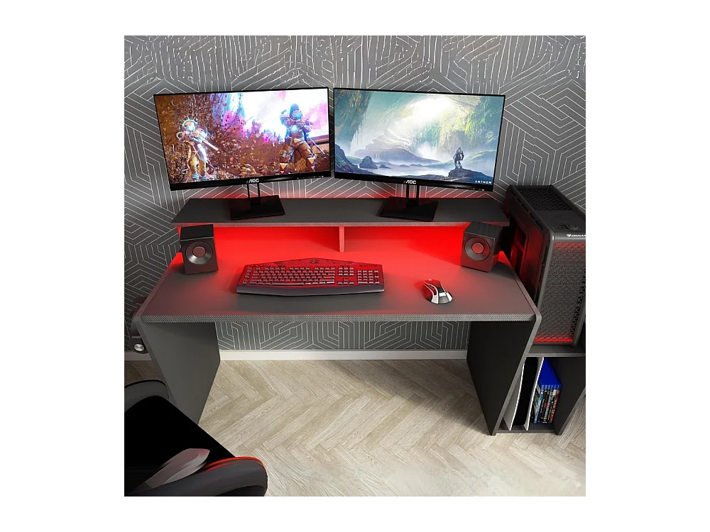 Scrivania reversibile game 5021 doppio ripiano e luci Led 150x66,9x85,5H colore antracite