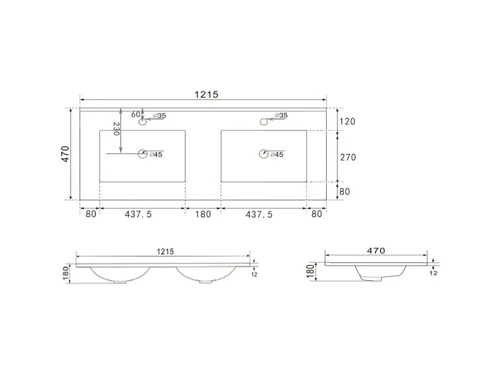 Lavabo da appoggio 20331 doppia vasca ceramica bianco 121.5x47x18H