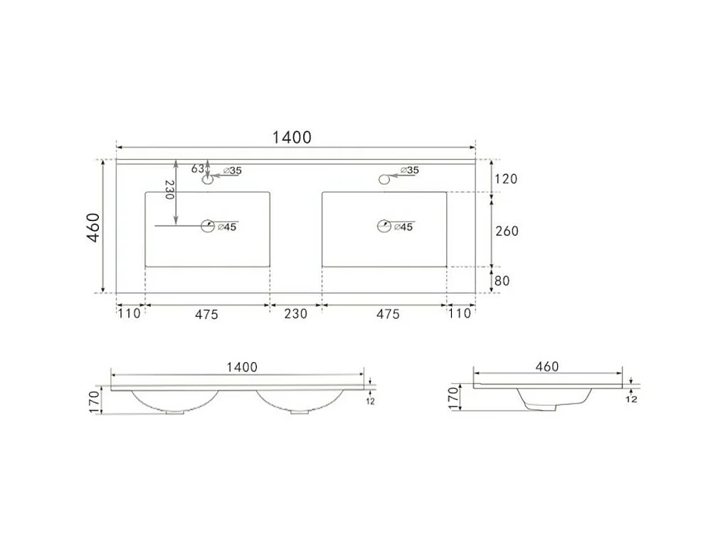 Lavabo da appoggio 385983 doppia vasca ceramica bianco lucido 140x46x17H