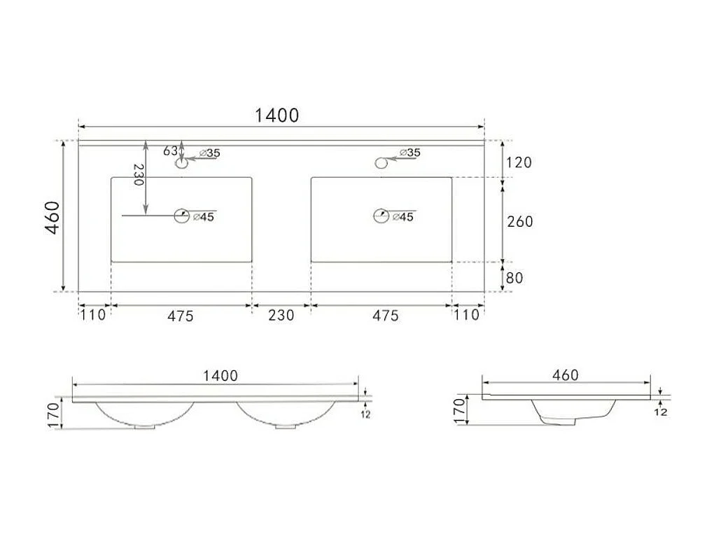Lavabo da appoggio 385983 doppia vasca ceramica bianco lucido 140x46x17H