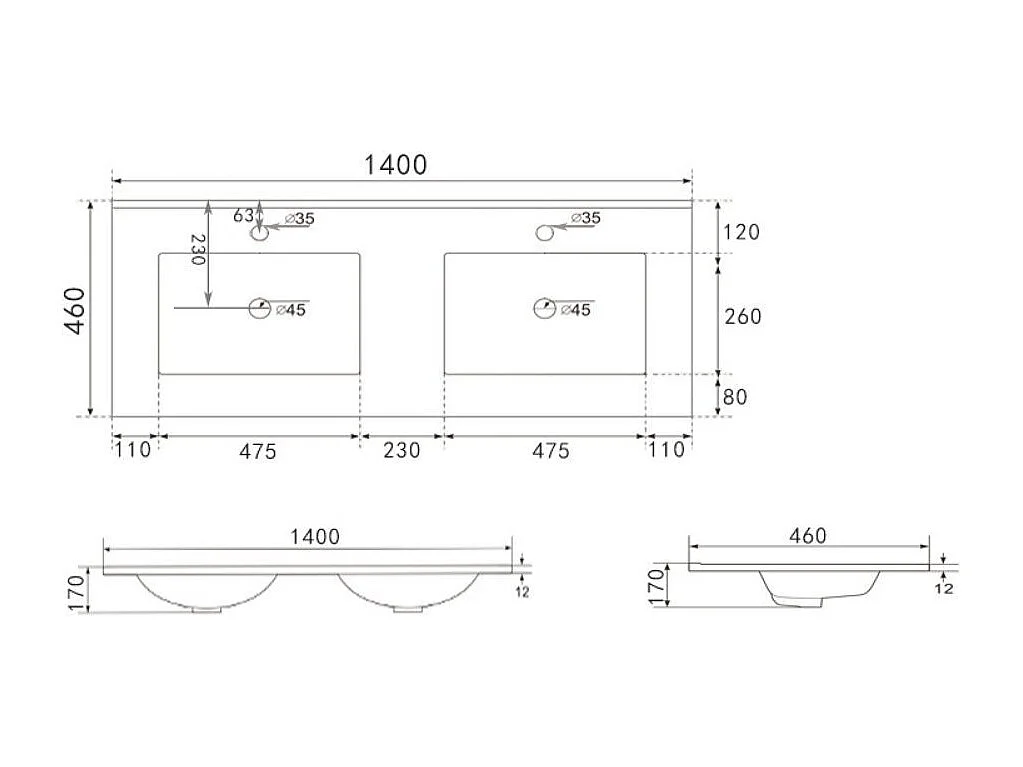 Lavabo da appoggio 385983 doppia vasca ceramica bianco lucido 140x46x17H