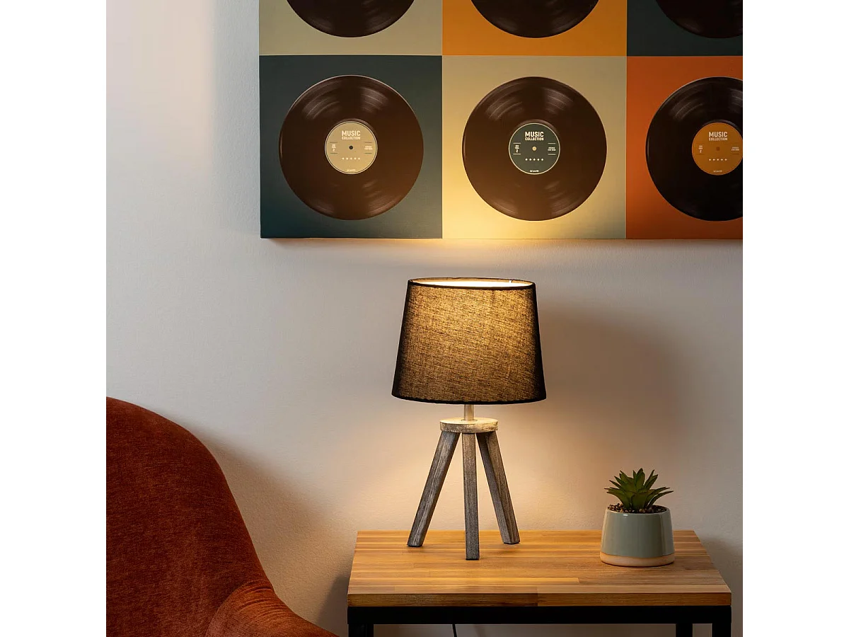 Lampe en Bois brossé et Abat-jour Noir H 31 cm