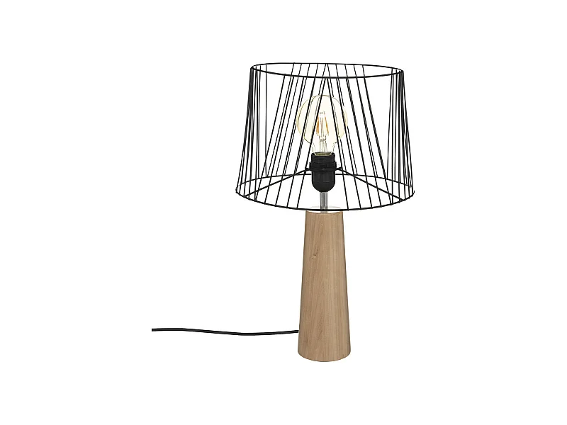 Lampe à poser en Métal filaire Noir et Bois de Pin H 46 cm