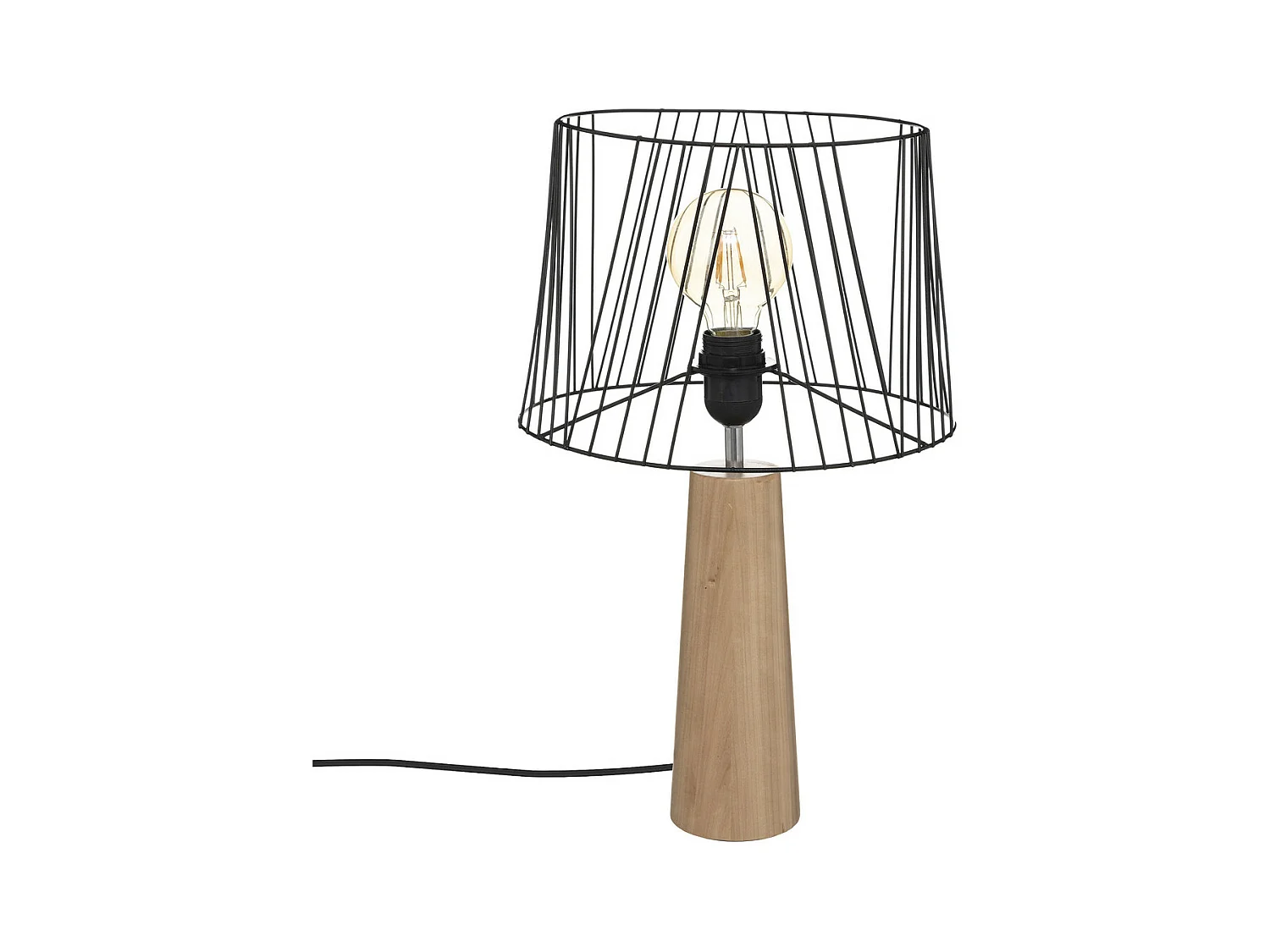 Lampe à poser en Métal filaire Noir et Bois de Pin H 46 cm