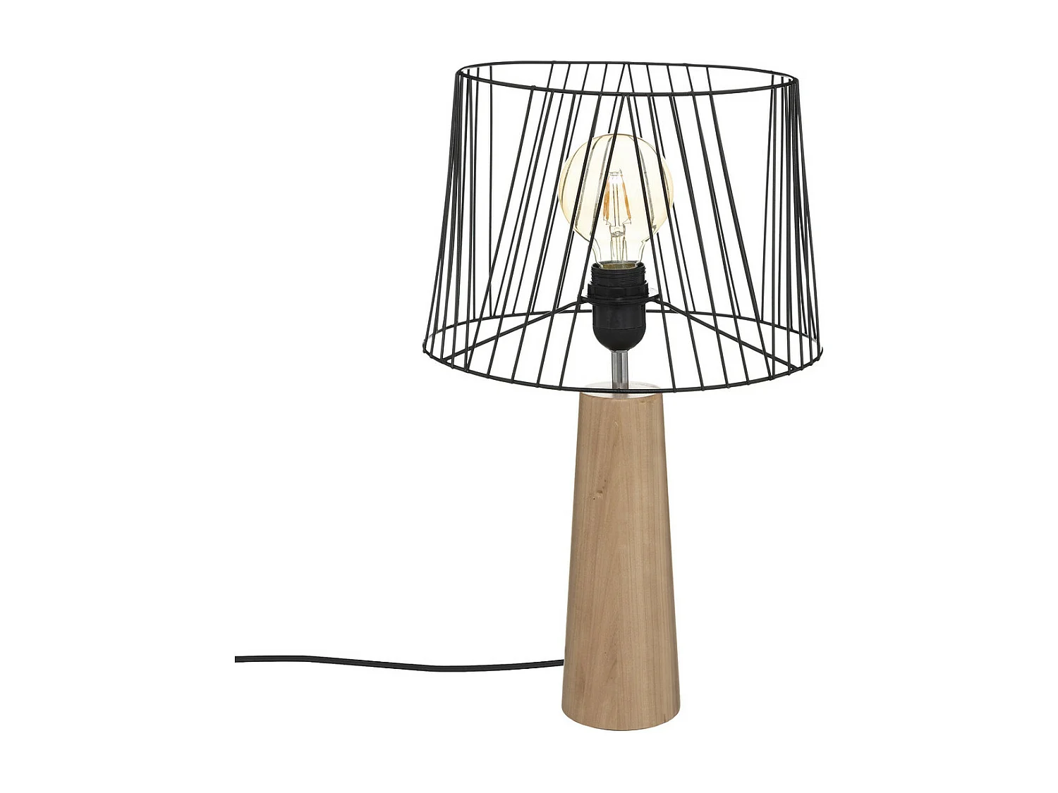 Lampe à poser en Métal filaire Noir et Bois de Pin H 46 cm