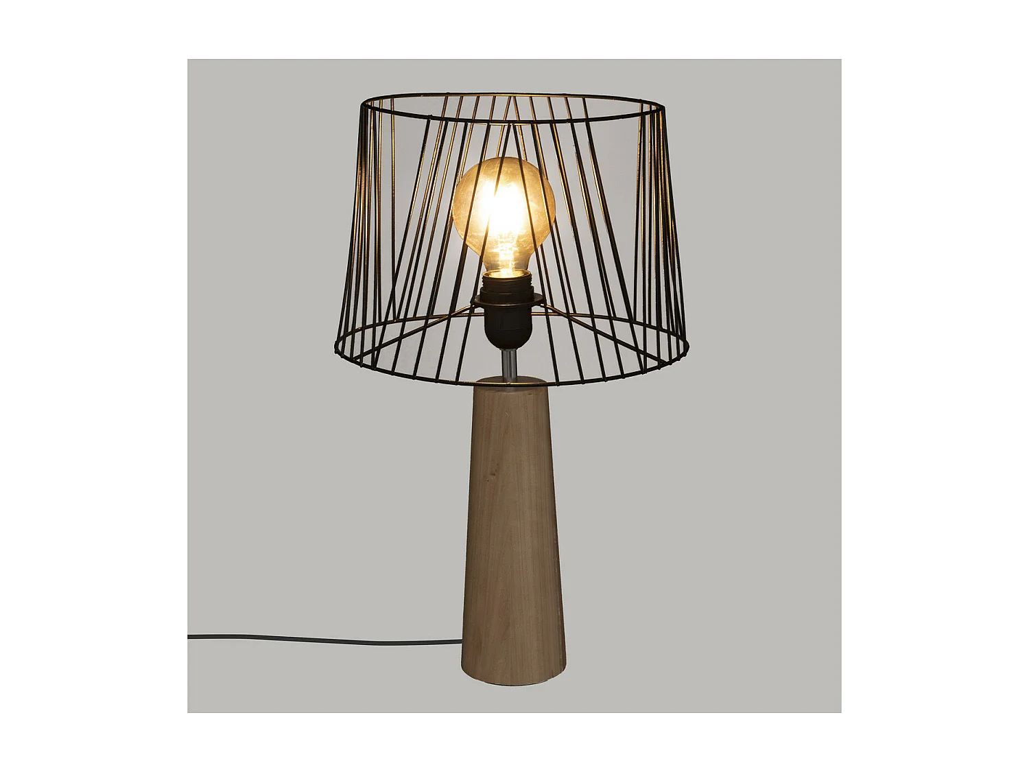 Lampe à poser en Métal filaire Noir et Bois de Pin H 46 cm