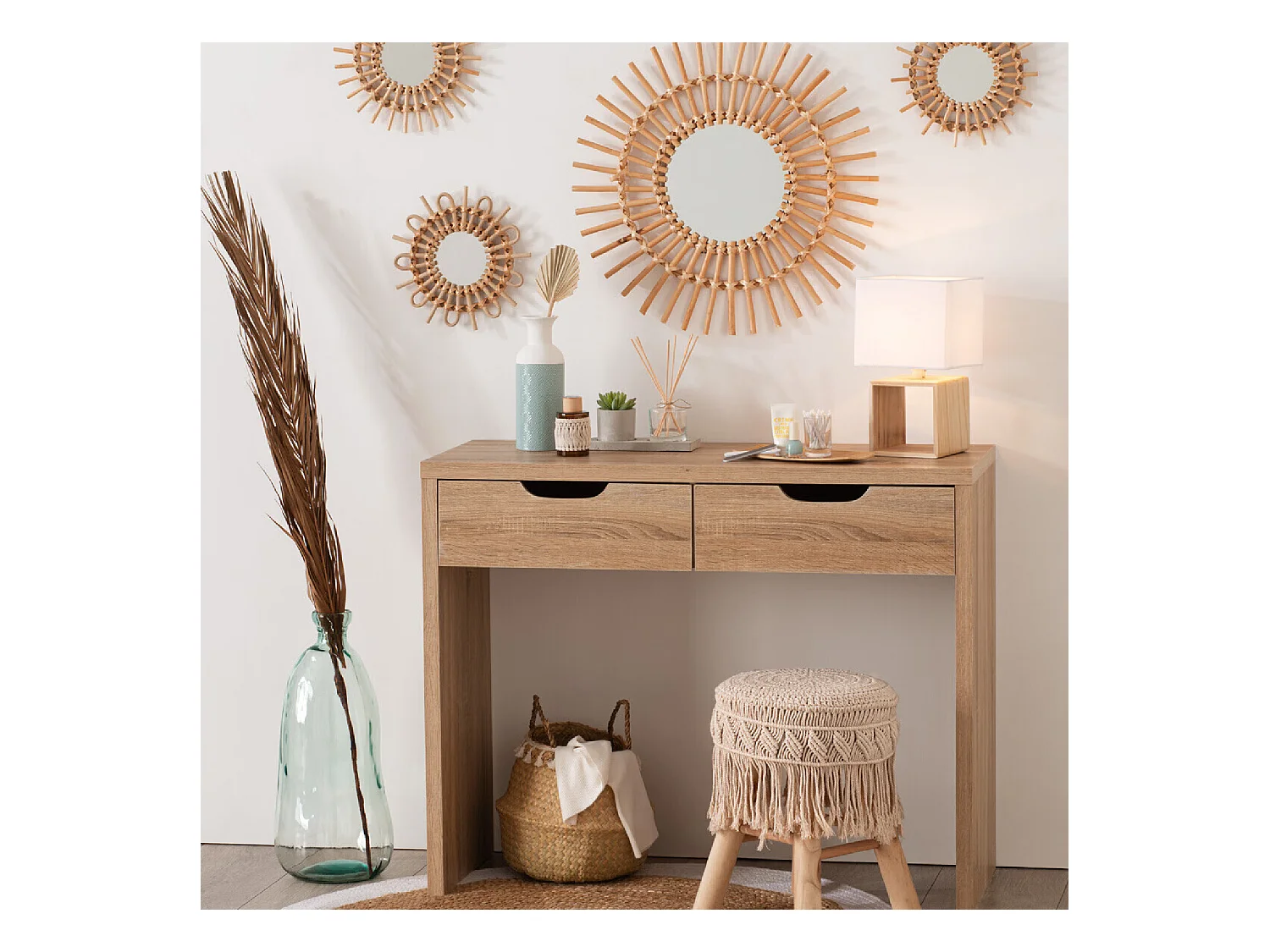 Lampe à poser en Bois et Abat-jour carré H 32 cm