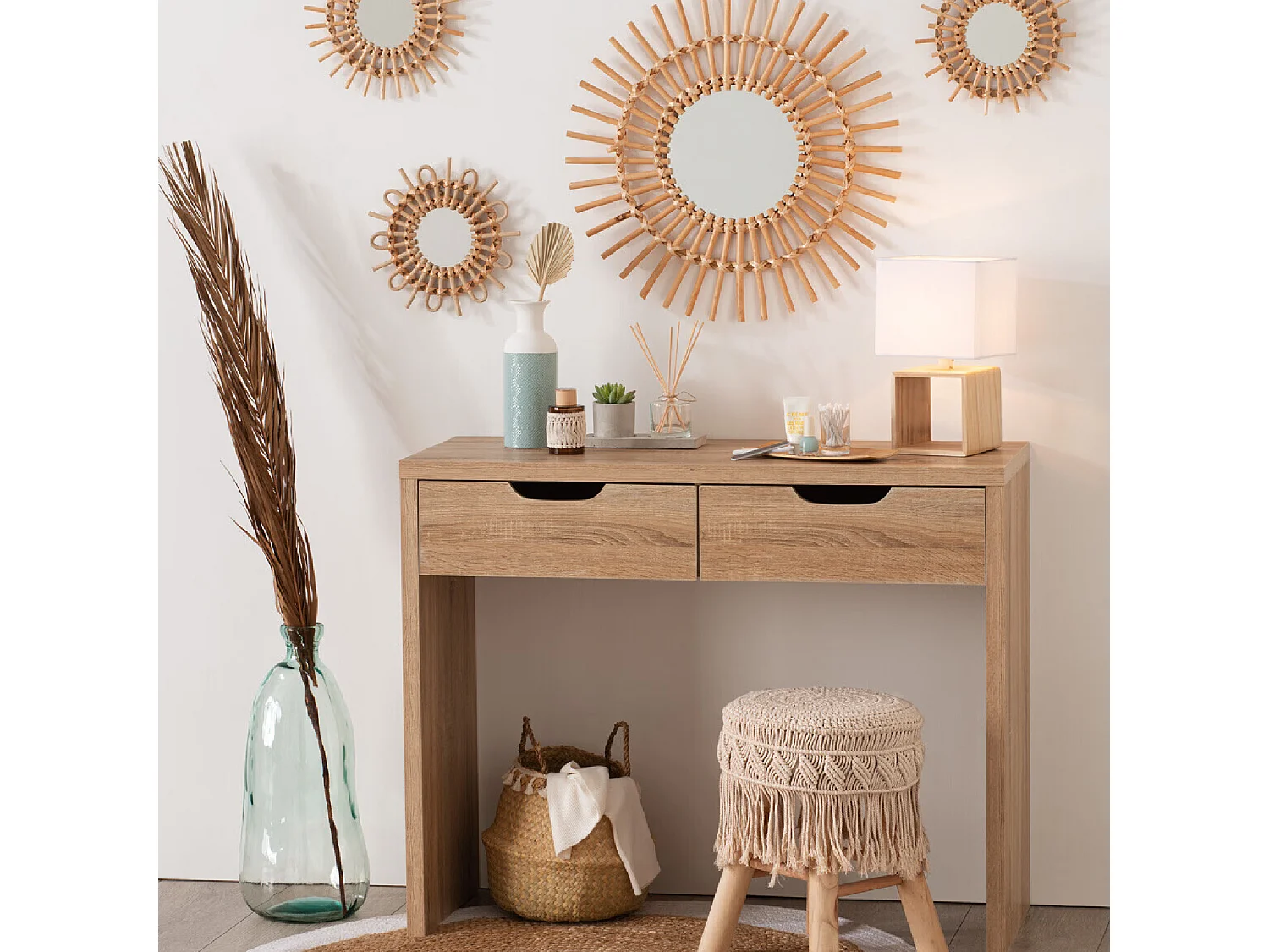 Lampe à poser en Bois et Abat-jour carré H 32 cm