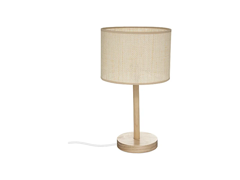 Lampe à poser en Bois de Pin et Abat-jour Beige naturel tressé H 42 cm
