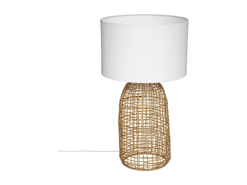 Lampe à poser en Rotin et Abat-jour Blanc H 55 cm