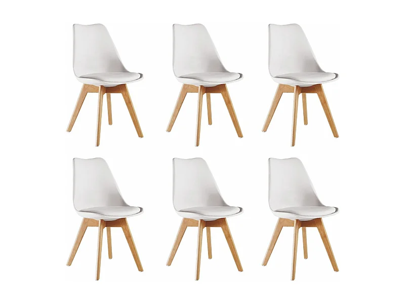 Ensemble de 6 chaises de salle à manger Lorenzo avec siège élégant en similicuir et pieds en bois massif - Parfait pour la salle à manger, le salon - Blanc