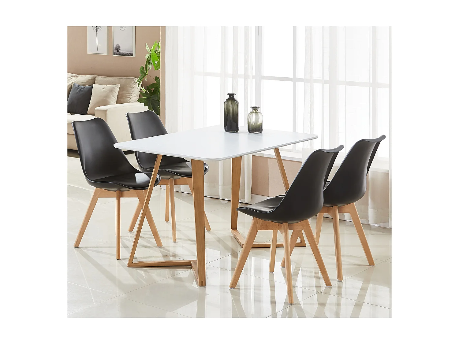 Ensemble de 6 chaises de salle à manger Lorenzo avec siège en similicuir élégant et pieds en bois massif - Parfait pour la salle à manger, le salon - Noir