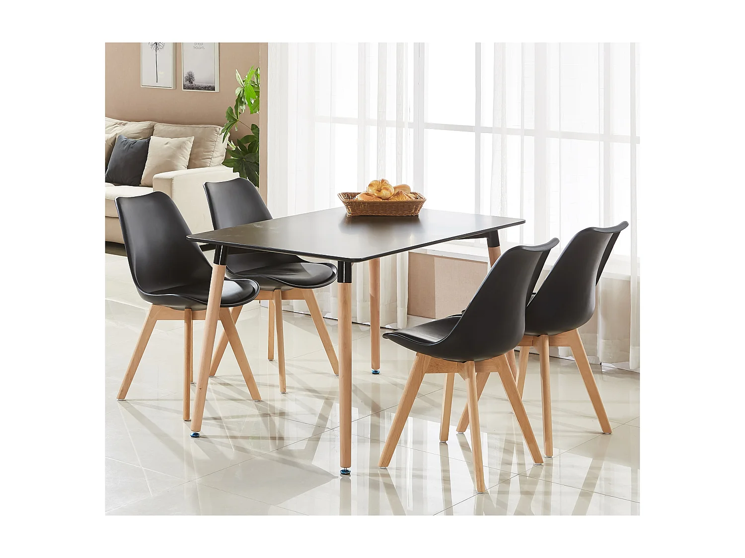 Ensemble de 6 chaises de salle à manger Lorenzo avec siège en similicuir élégant et pieds en bois massif - Parfait pour la salle à manger, le salon - Noir