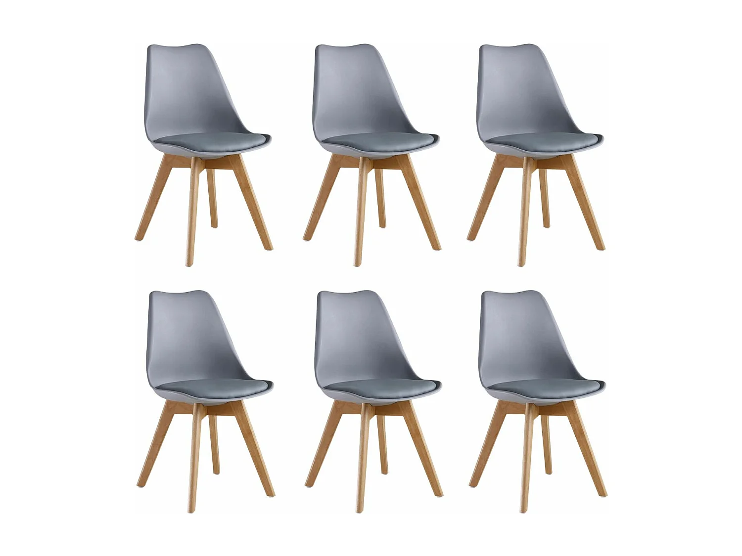 Ensemble de 6 chaises de salle à manger Lorenzo avec siège en similicuir élégant et pieds en bois massif - Parfait pour la salle à manger, le salon - Gris