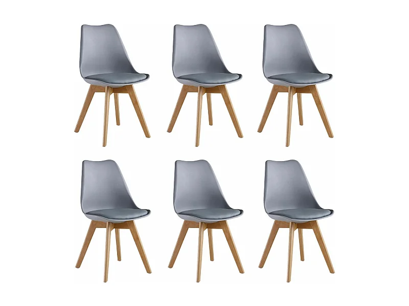 Ensemble de 6 chaises de salle à manger Lorenzo avec siège en similicuir élégant et pieds en bois massif - Parfait pour la salle à manger, le salon - Gris
