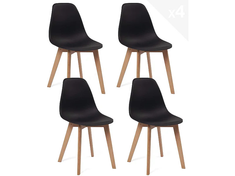 Lot 4 chaises de cuisine scandinaves siège plastique souple pieds bois hêtre clair NAO (noir)