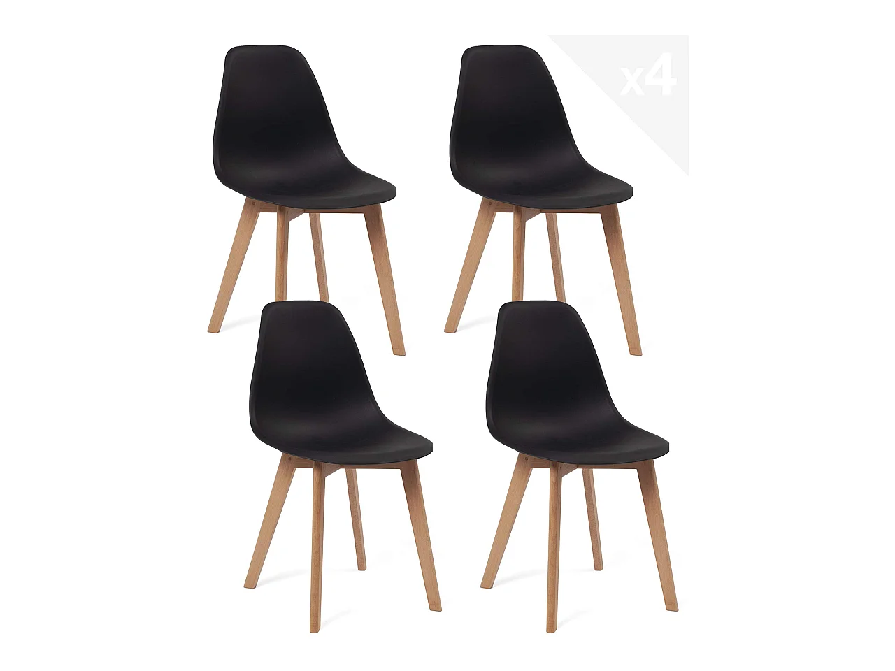 Lote de 4 sillas escandinavas de cocina diseño. Asiento de plástico flexible fácil de limpiar. Patas de madera de haya clara NAO (negro)