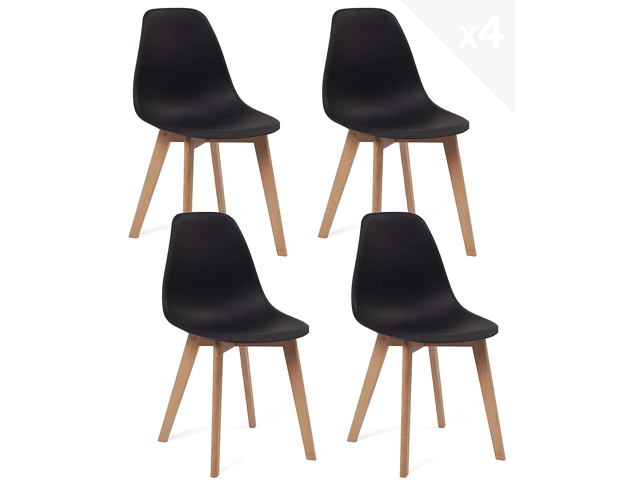 Lot 4 chaises de cuisine scandinaves siège plastique souple pieds bois hêtre clair NAO (noir)