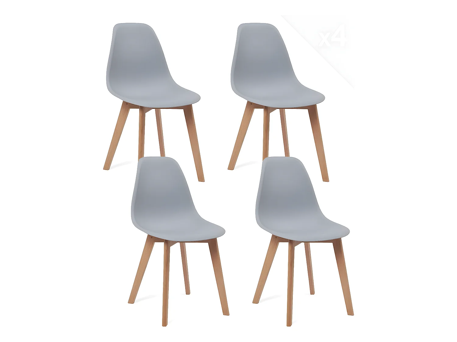 Lot 4 chaises de cuisine scandinaves siège plastique souple pieds bois hêtre clair NAO (gris)