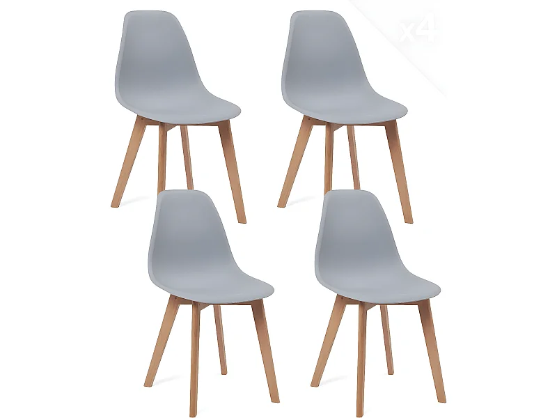 Lot 4 chaises de cuisine scandinaves siège plastique souple pieds bois hêtre clair NAO (gris)