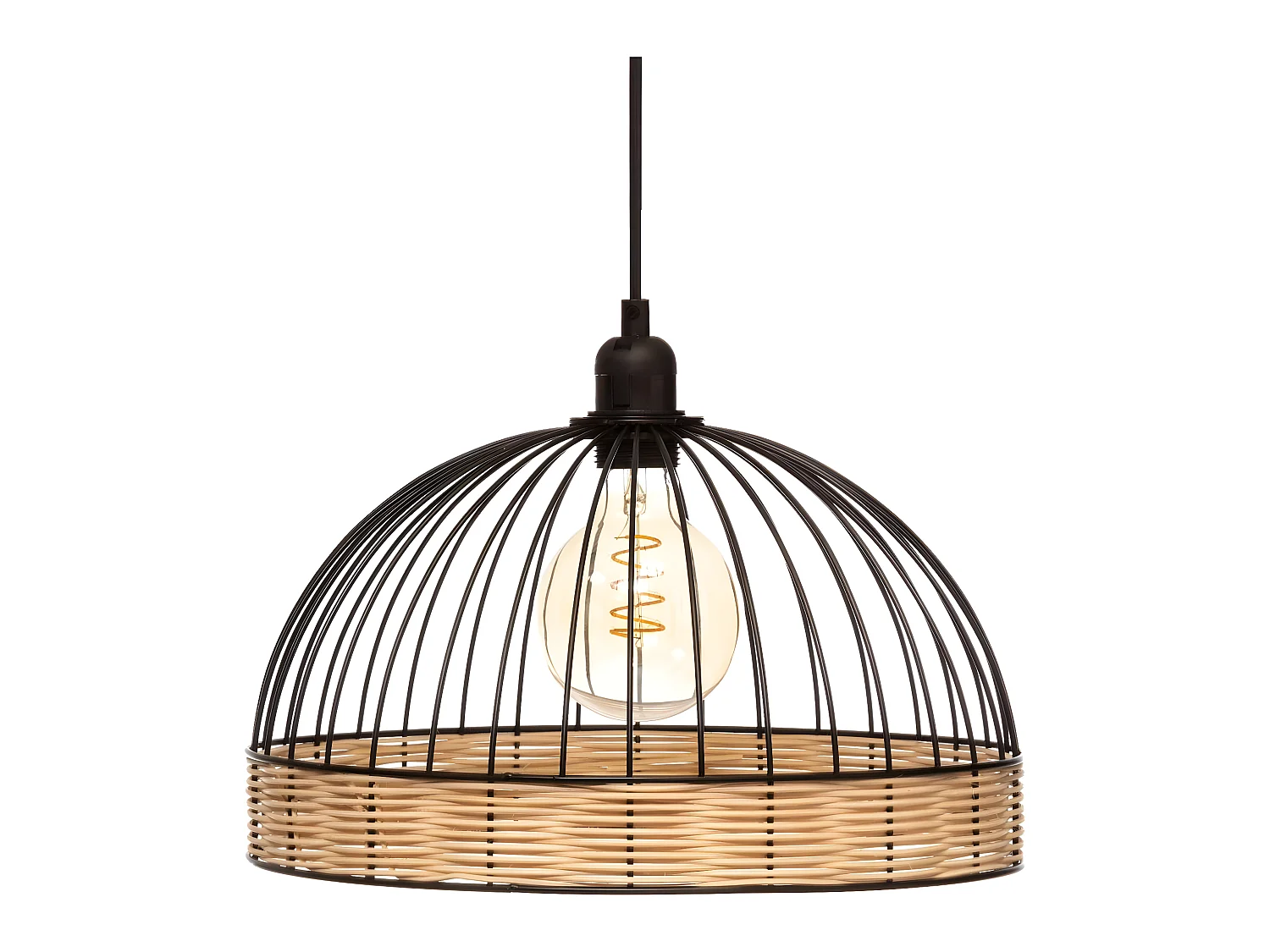 Luminaire Suspension en Métal Filaire Noir et Rotin D 35 cm