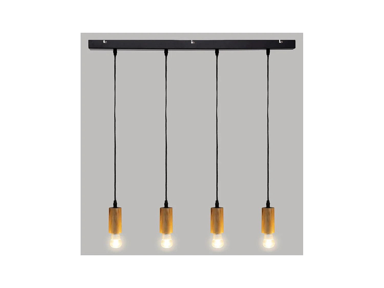 Luminaire Suspension 4 Lampes en Métal et Bois Naturel